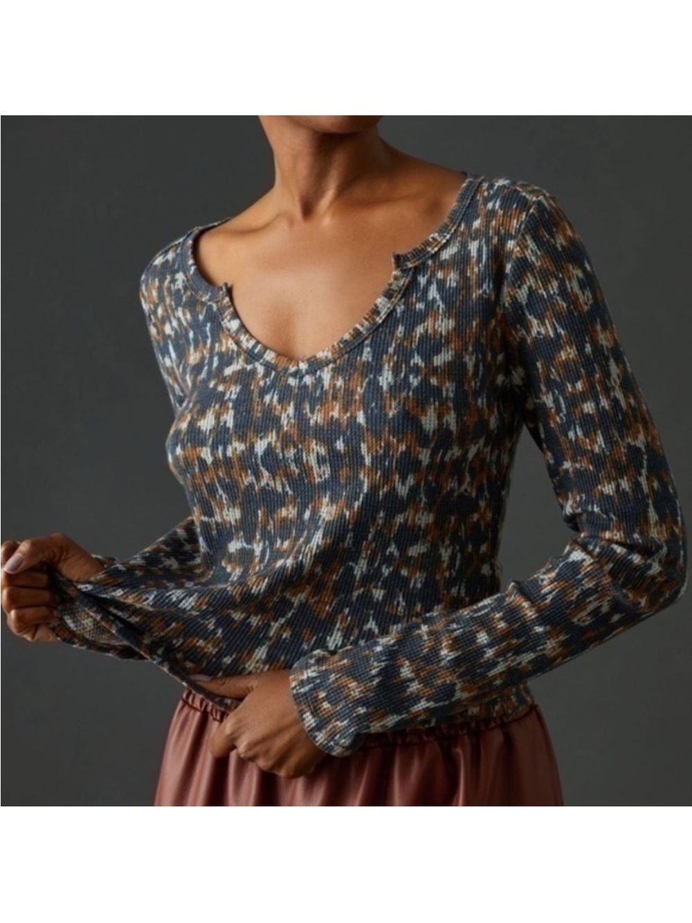 Anthropologie Pilcro Notched Waffle Thermal Top Blue and Brown Animal Print XL